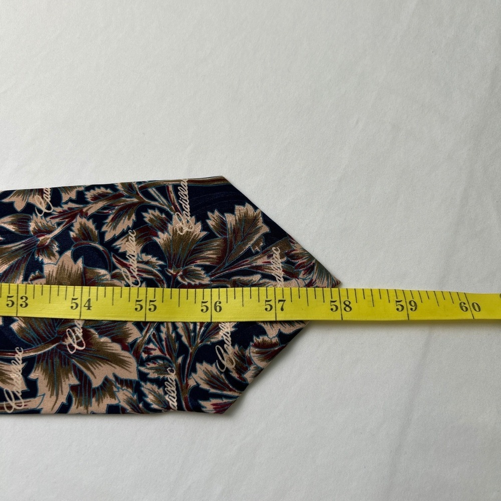 Cadillac Mens Necktie Navy Blue Tan Silk Floral Leaf Logo Script 58" Vintage - Picture 5 of 6